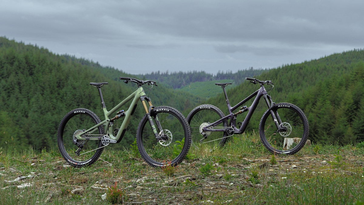 Ibis Cycles Ripmo V3 Huckleberry Purple and Olive Swamp Monster, both bikes outside